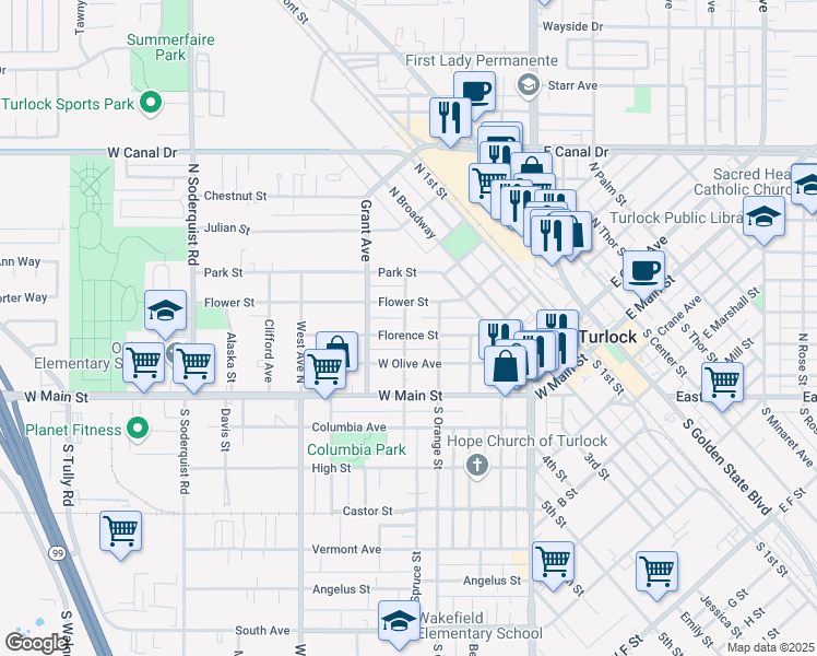 map of restaurants, bars, coffee shops, grocery stores, and more near 495 Florence Street in Turlock