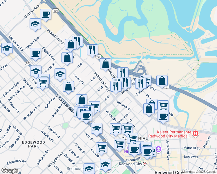 map of restaurants, bars, coffee shops, grocery stores, and more near 1590 Tacoma Way in Redwood City