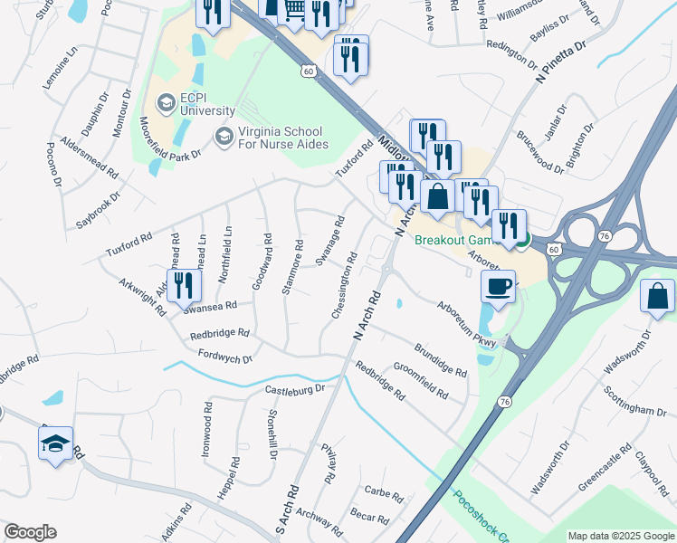map of restaurants, bars, coffee shops, grocery stores, and more near 101 Earls Gate Road in Richmond