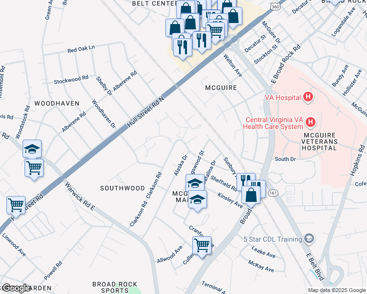 map of restaurants, bars, coffee shops, grocery stores, and more near 4423 Clarkson Road in Richmond