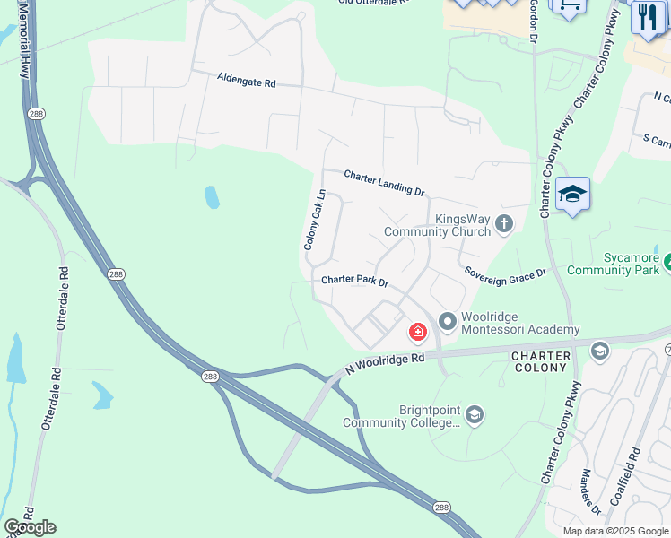 map of restaurants, bars, coffee shops, grocery stores, and more near 14808 Colony Forest Court in Midlothian