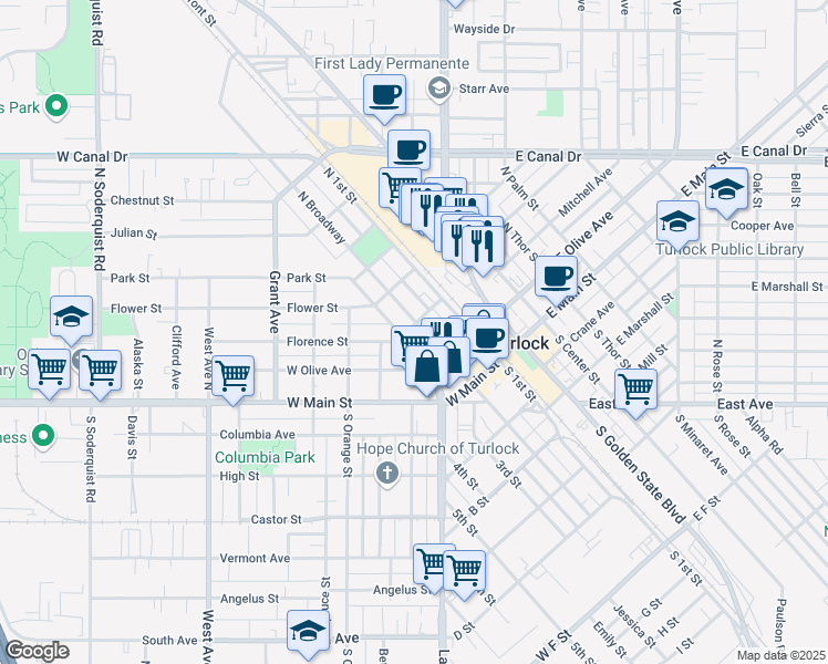 map of restaurants, bars, coffee shops, grocery stores, and more near 316 North Broadway in Turlock