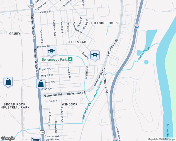 map of restaurants, bars, coffee shops, grocery stores, and more near 2104 Royall Avenue in Richmond