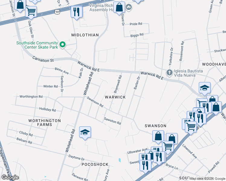 map of restaurants, bars, coffee shops, grocery stores, and more near 860 Bramwell Road in Richmond