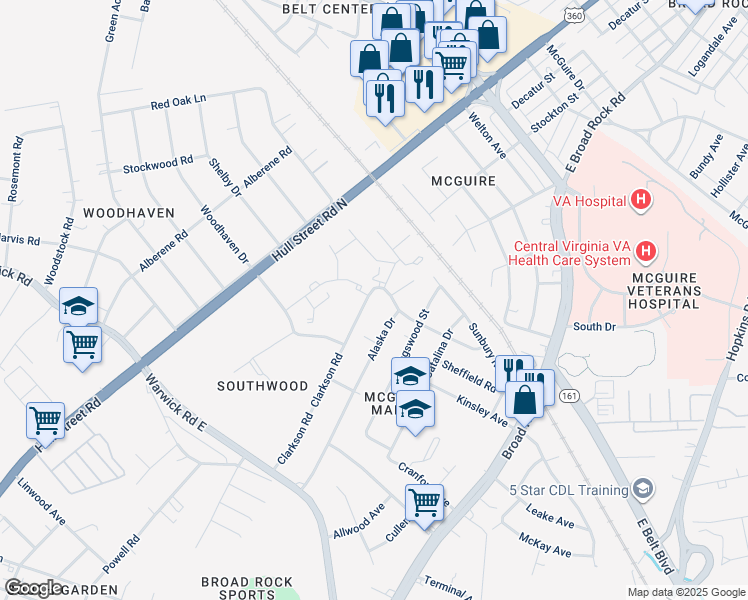 map of restaurants, bars, coffee shops, grocery stores, and more near 1507 Clarkson Road in Richmond
