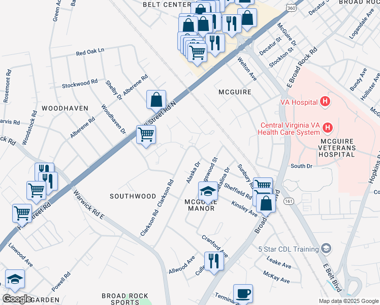 map of restaurants, bars, coffee shops, grocery stores, and more near 1507 Clarkson Road in Richmond