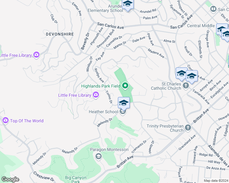 map of restaurants, bars, coffee shops, grocery stores, and more near 368 Caprino Way in San Carlos