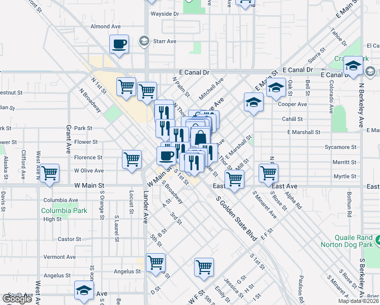 map of restaurants, bars, coffee shops, grocery stores, and more near 220 East Main Street in Turlock