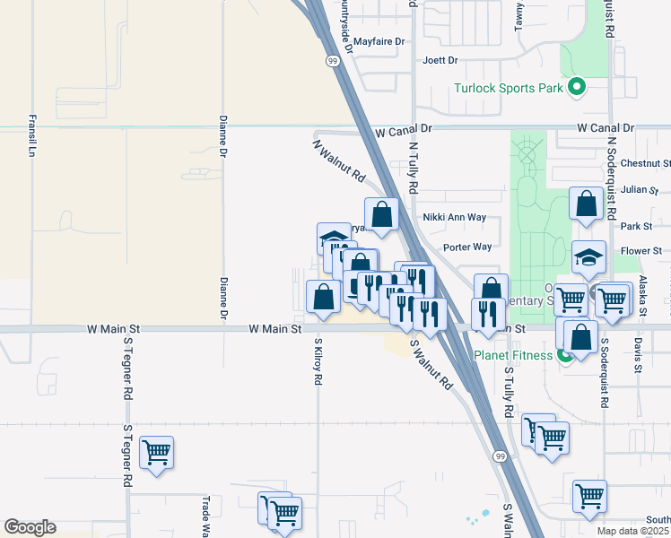 map of restaurants, bars, coffee shops, grocery stores, and more near 350 North Kilroy Road in Turlock