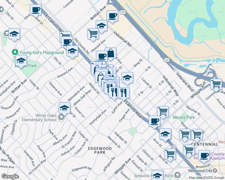 map of restaurants, bars, coffee shops, grocery stores, and more near 1580 El Camino Real in San Carlos