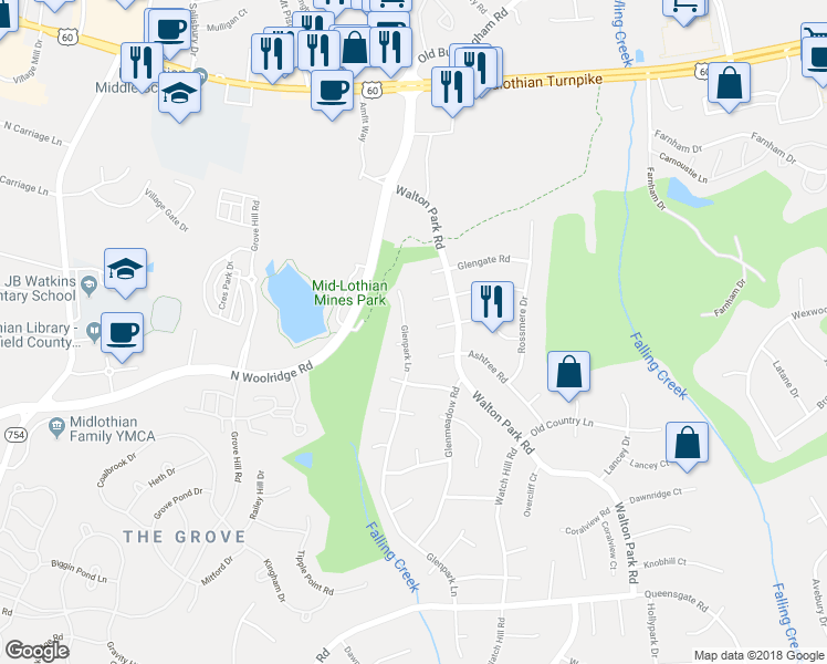 map of restaurants, bars, coffee shops, grocery stores, and more near 331 Glenpark Lane in Midlothian