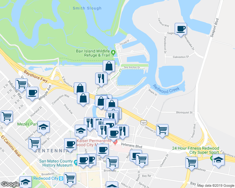 map of restaurants, bars, coffee shops, grocery stores, and more near 636 Fan Tail Way in Redwood City