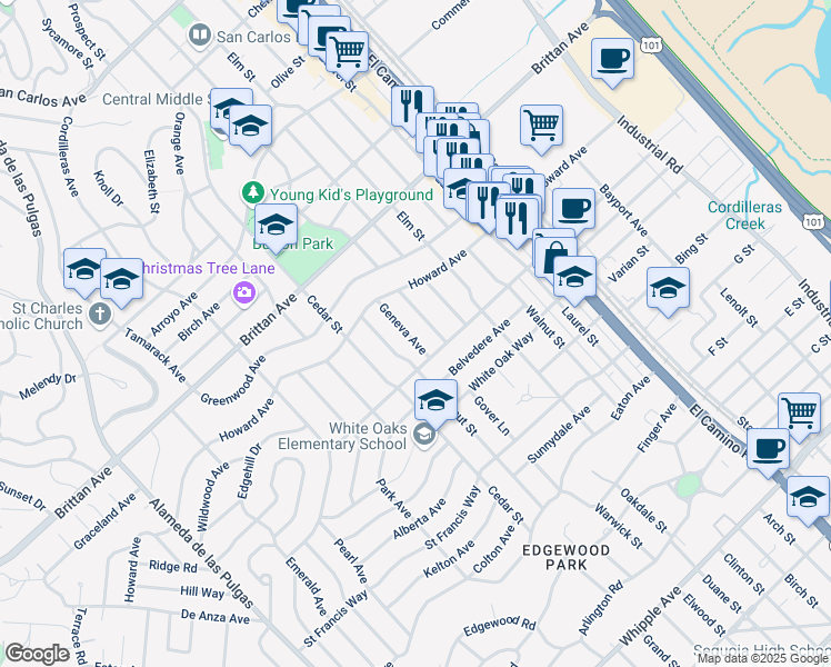 map of restaurants, bars, coffee shops, grocery stores, and more near 1375 Geneva Avenue in San Carlos