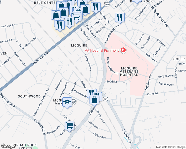 map of restaurants, bars, coffee shops, grocery stores, and more near 1319 Evergreen Avenue in Richmond