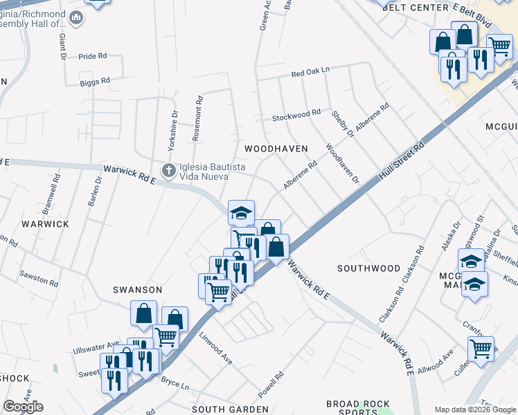 map of restaurants, bars, coffee shops, grocery stores, and more near 5219 Weatherford Road in Richmond