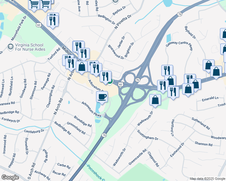 map of restaurants, bars, coffee shops, grocery stores, and more near 201 Arboretum Place in Richmond
