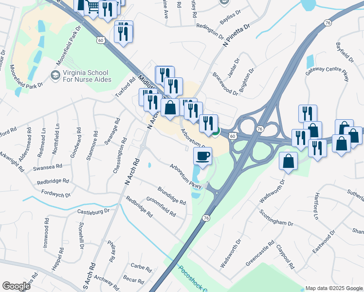 map of restaurants, bars, coffee shops, grocery stores, and more near 9206 North Arch Village Court in Richmond