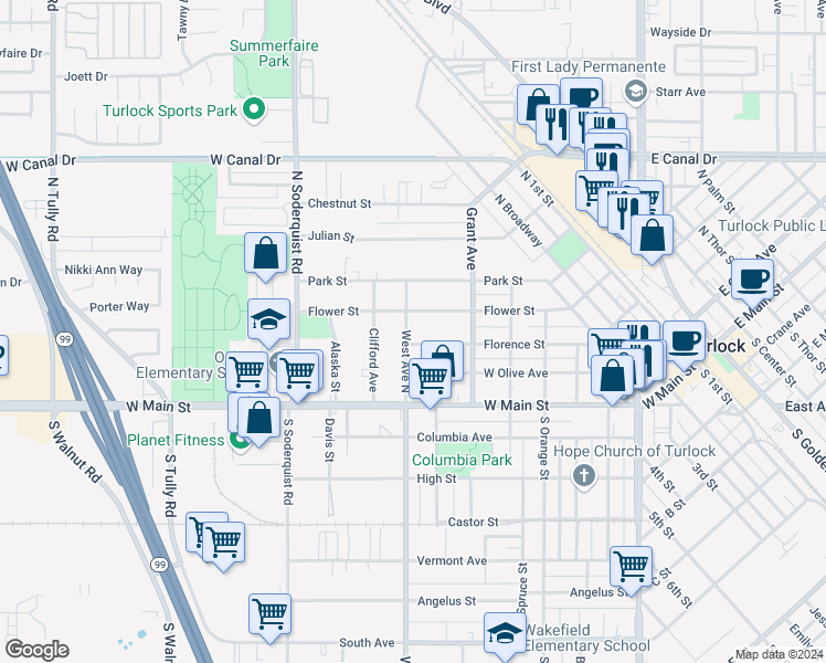 map of restaurants, bars, coffee shops, grocery stores, and more near in Turlock