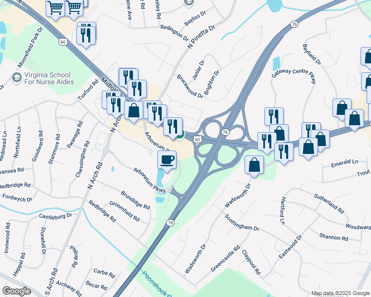 map of restaurants, bars, coffee shops, grocery stores, and more near 201 Arboretum Place in Richmond
