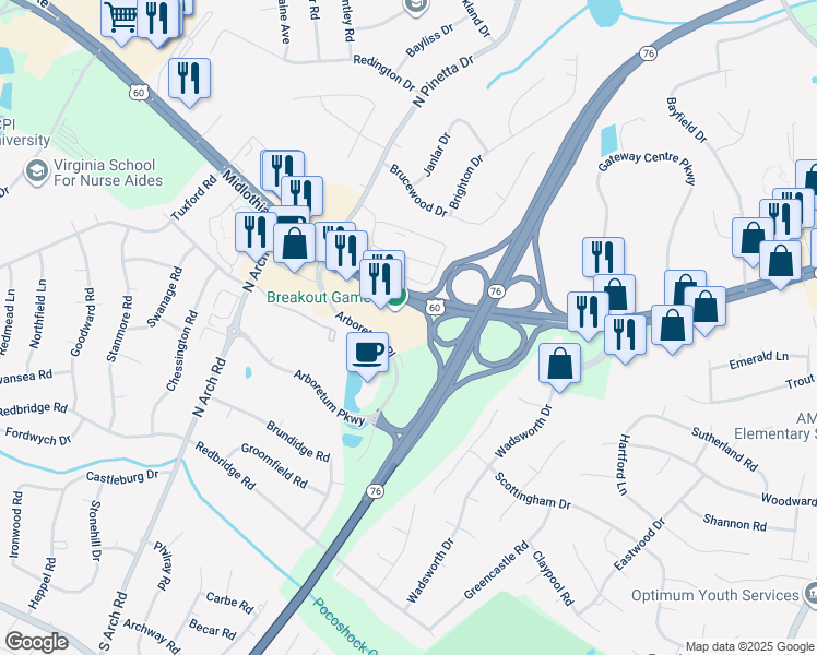 map of restaurants, bars, coffee shops, grocery stores, and more near 201 Arboretum Place in Richmond