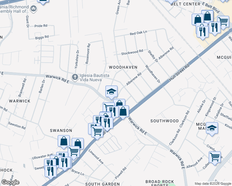 map of restaurants, bars, coffee shops, grocery stores, and more near 5219 Weatherford Road in Richmond