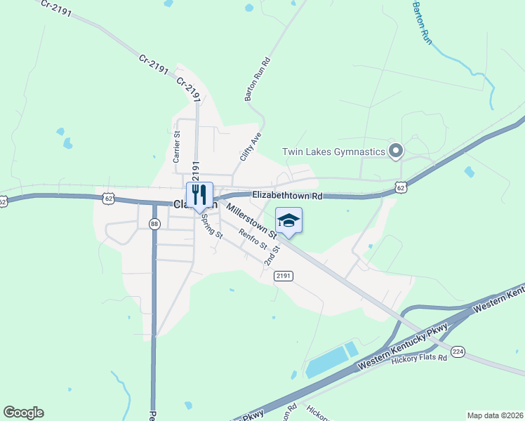 map of restaurants, bars, coffee shops, grocery stores, and more near Skaggs Street in Clarkson