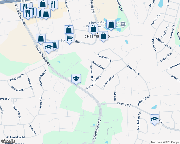 map of restaurants, bars, coffee shops, grocery stores, and more near 300 Ravenscroft Drive in Chesterfield County