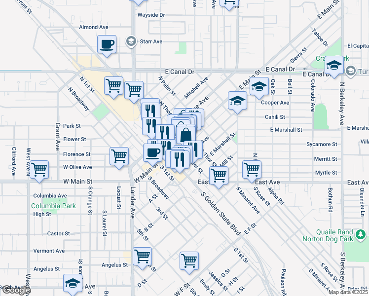 map of restaurants, bars, coffee shops, grocery stores, and more near 310 East Main Street in Turlock