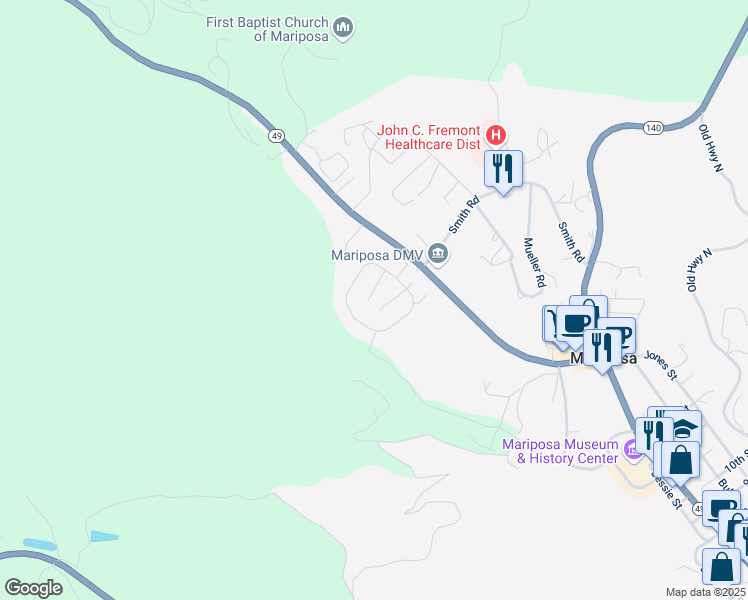 map of restaurants, bars, coffee shops, grocery stores, and more near 5277 California 49 in Mariposa