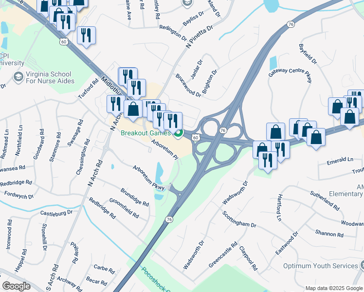 map of restaurants, bars, coffee shops, grocery stores, and more near 201 Arboretum Place in Richmond