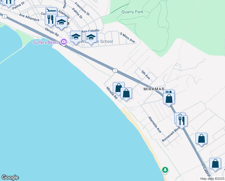 map of restaurants, bars, coffee shops, grocery stores, and more near 120 Coronado Avenue in Half Moon Bay