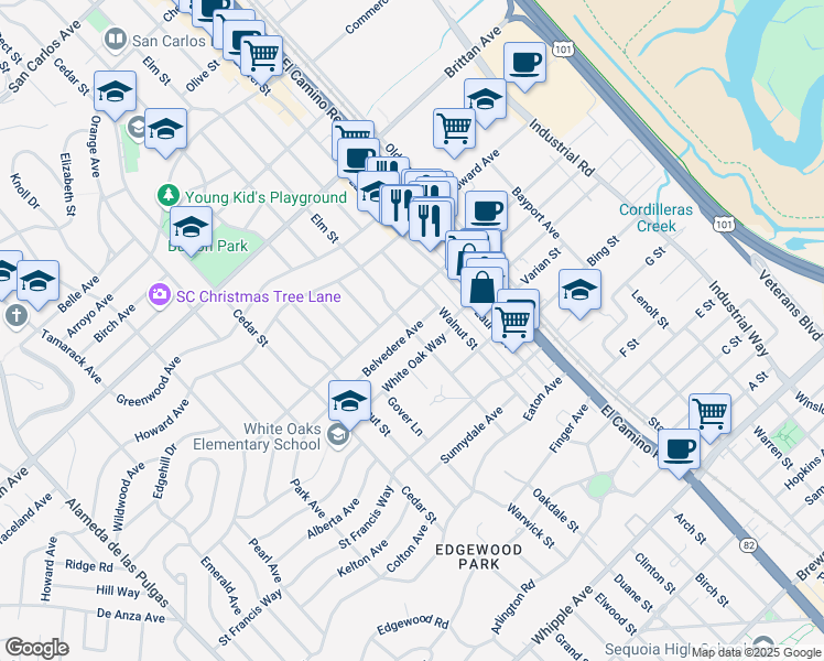 map of restaurants, bars, coffee shops, grocery stores, and more near Belvedere Avenue in San Carlos