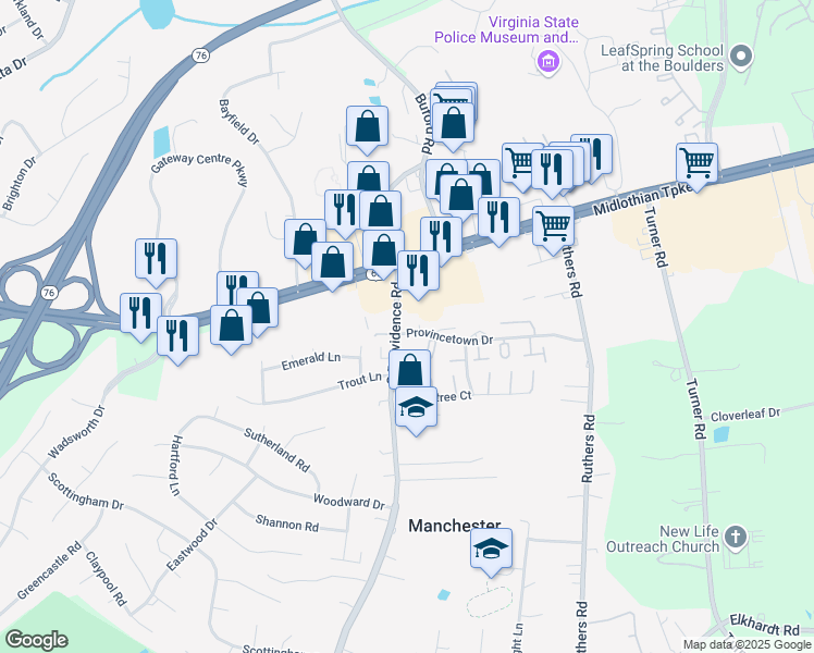 map of restaurants, bars, coffee shops, grocery stores, and more near 8144 Provincetown Drive in Richmond