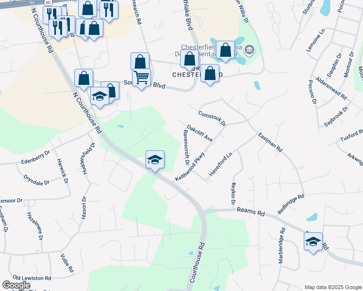 map of restaurants, bars, coffee shops, grocery stores, and more near 300 Ravenscroft Drive in Chesterfield County