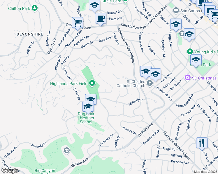 map of restaurants, bars, coffee shops, grocery stores, and more near 156 Glasgow Lane in San Carlos