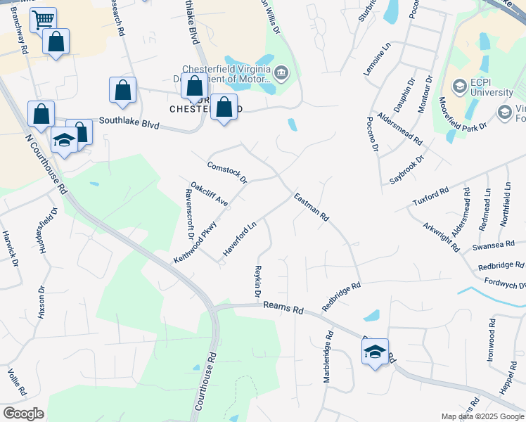 map of restaurants, bars, coffee shops, grocery stores, and more near 10810 Haverford Lane in Richmond