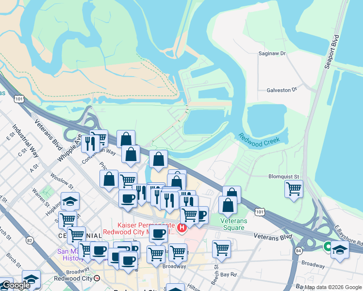 map of restaurants, bars, coffee shops, grocery stores, and more near 636 Fan Tail Way in Redwood City