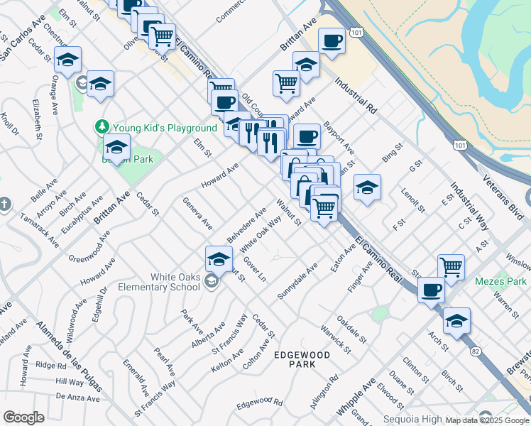 map of restaurants, bars, coffee shops, grocery stores, and more near Belvedere Avenue in San Carlos