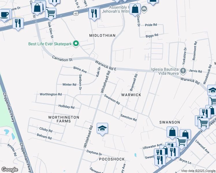 map of restaurants, bars, coffee shops, grocery stores, and more near 801 Whitehead Road in Richmond