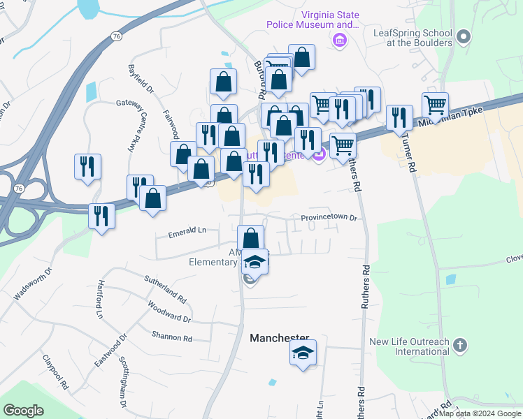 map of restaurants, bars, coffee shops, grocery stores, and more near 8122 Provincetown Drive in Richmond
