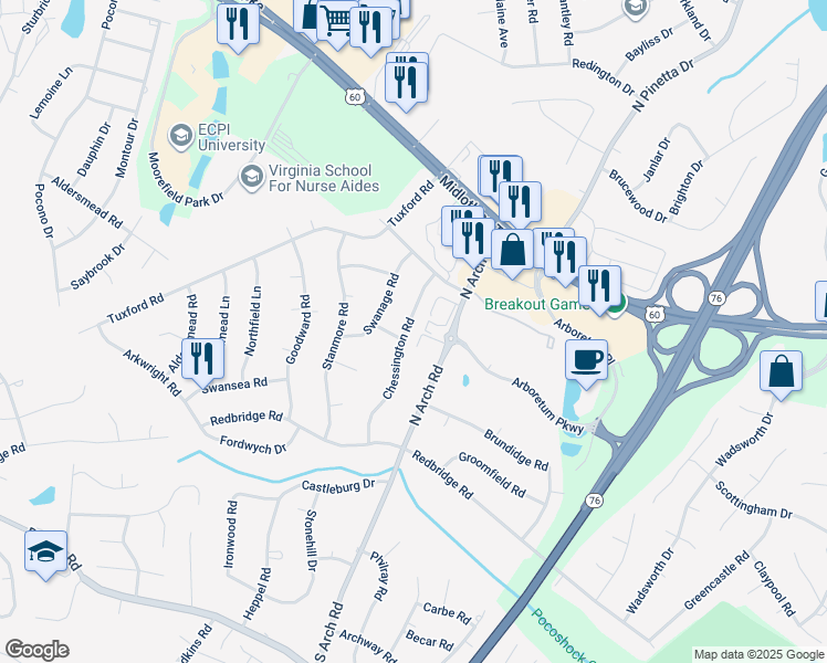 map of restaurants, bars, coffee shops, grocery stores, and more near 205 Chessington Road in Richmond