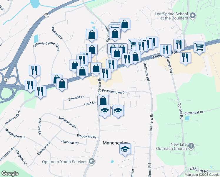 map of restaurants, bars, coffee shops, grocery stores, and more near 8122 Provincetown Drive in Richmond