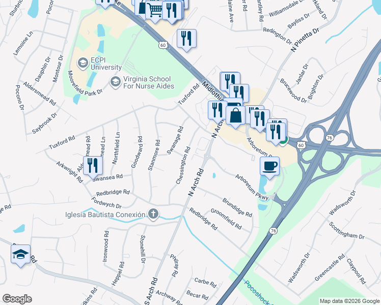 map of restaurants, bars, coffee shops, grocery stores, and more near 211 Chessington Road in Richmond