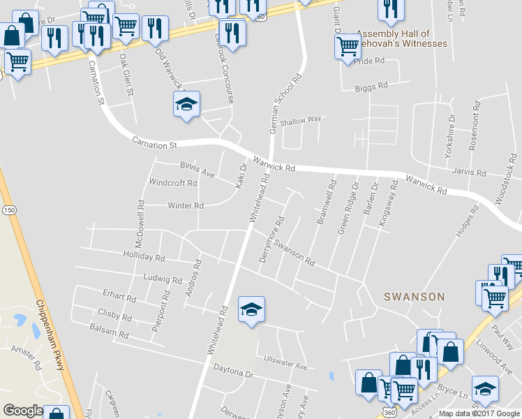 map of restaurants, bars, coffee shops, grocery stores, and more near 801 Whitehead Road in Richmond