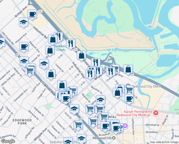 map of restaurants, bars, coffee shops, grocery stores, and more near 1590 Tacoma Way in Redwood City