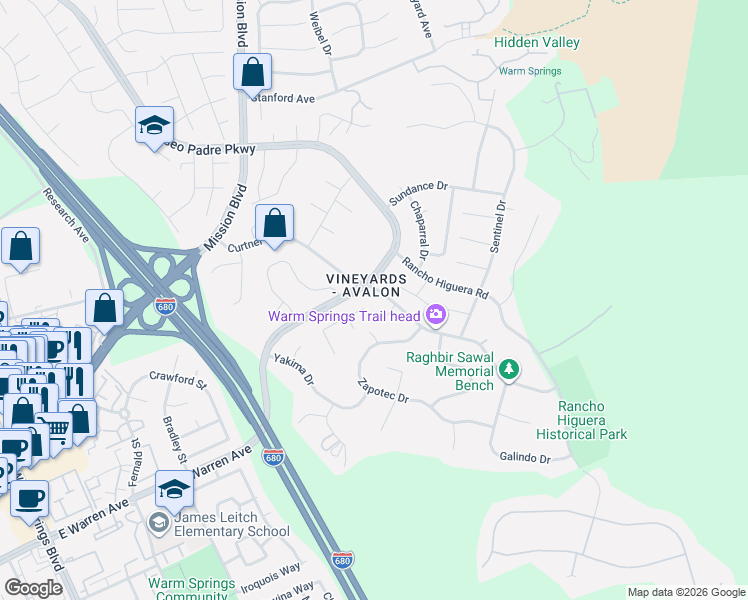 map of restaurants, bars, coffee shops, grocery stores, and more near 925 Curtner Road in Fremont