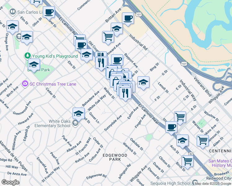 map of restaurants, bars, coffee shops, grocery stores, and more near 1500 Laurel Street in San Carlos