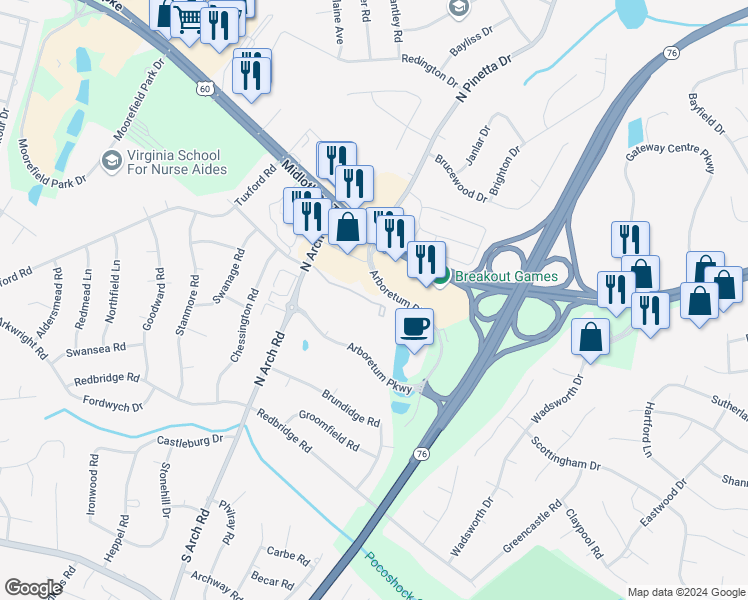 map of restaurants, bars, coffee shops, grocery stores, and more near 9206 North Arch Village Court in Richmond