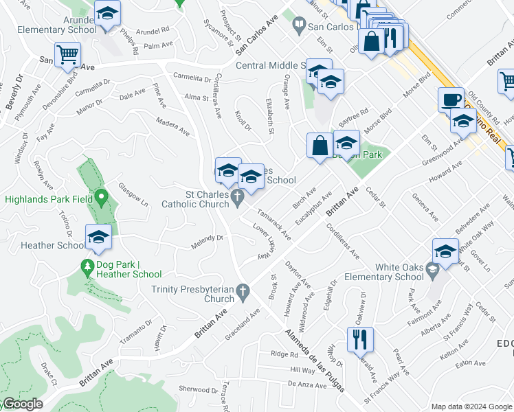 map of restaurants, bars, coffee shops, grocery stores, and more near 909 Tamarack Avenue in San Carlos