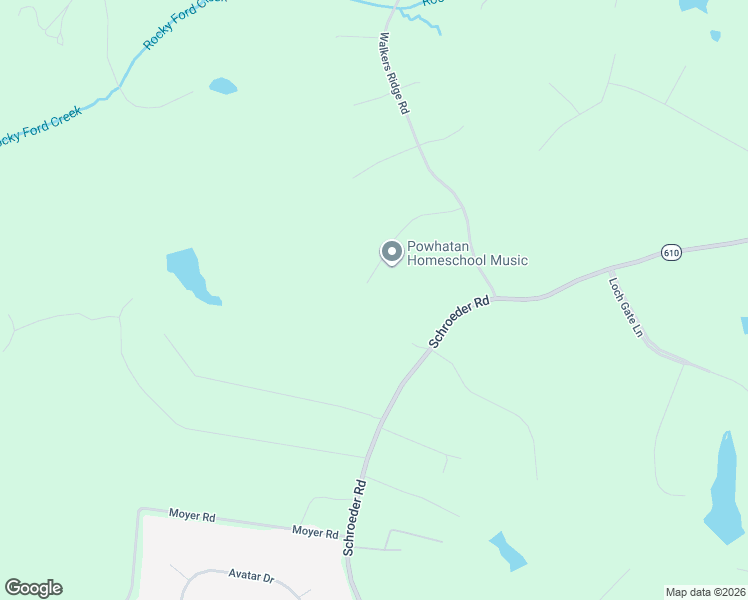 map of restaurants, bars, coffee shops, grocery stores, and more near 2579 Walkers Ridge Terrace in Powhatan